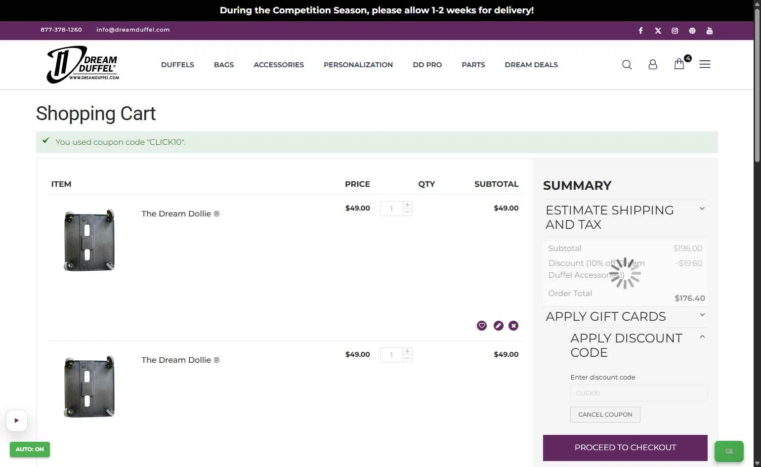 Dream Duffel checkout page showing Dream Duffel discount code box | Screenshot taken by SimplyCodes community member on Jan 22, 2026