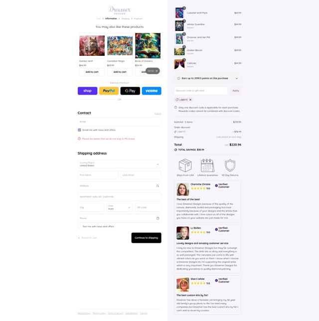 Dreamer Designs checkout page showing Dreamer Designs discount code box | Screenshot taken by SimplyCodes community member on Sep 7, 2025