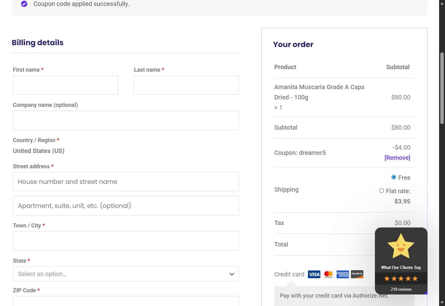 Dreamer Shrooms checkout page showing Dreamer Shrooms promo code box | Screenshot taken by SimplyCodes community member on Nov 23, 2025
