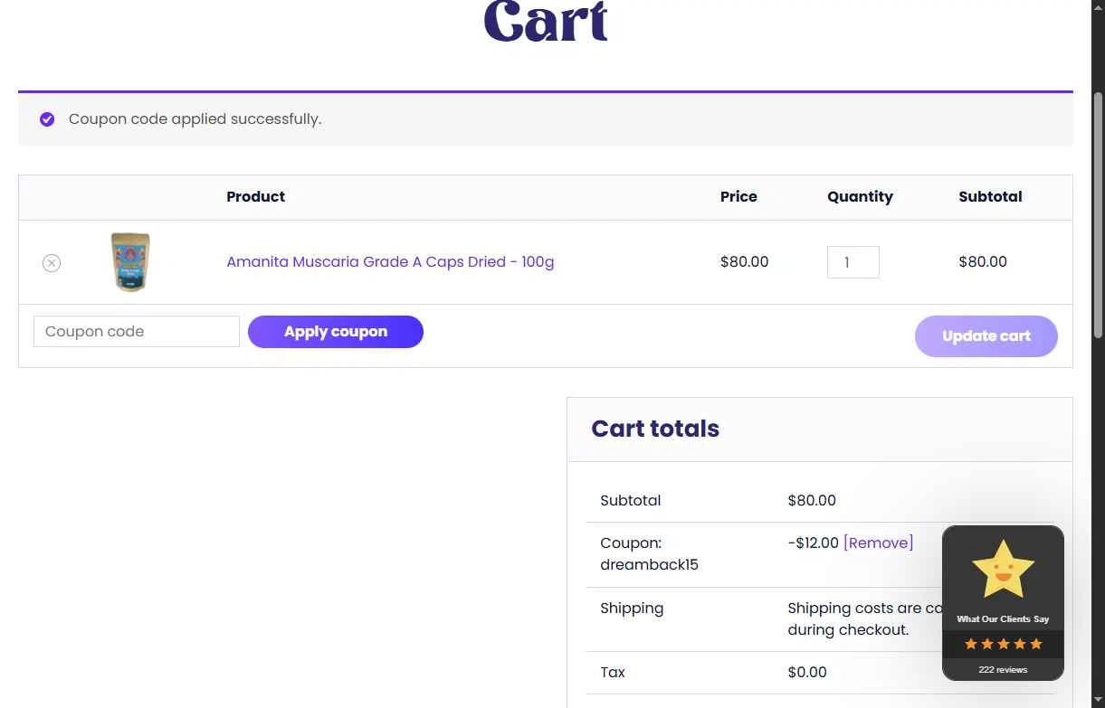 Dreamer Shrooms checkout page showing Dreamer Shrooms promo code box | Screenshot taken by SimplyCodes community member on Jan 10, 2026