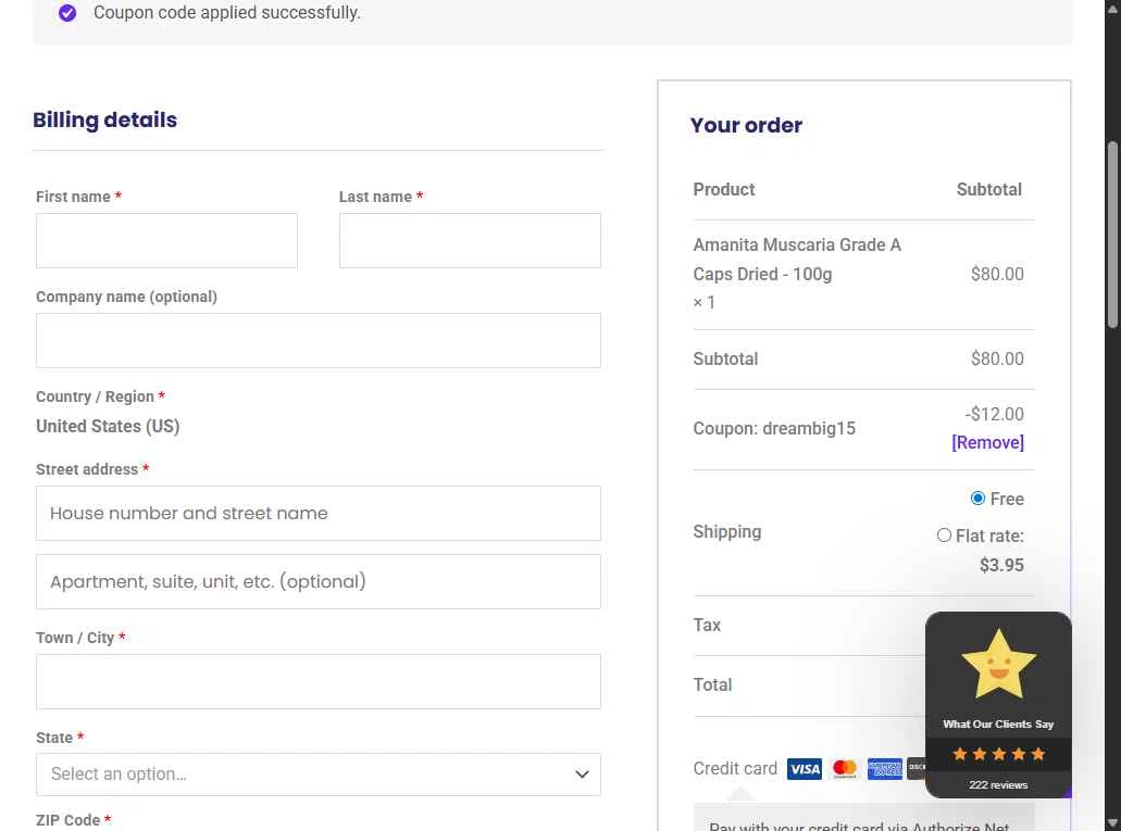 Dreamer Shrooms checkout page showing Dreamer Shrooms promo code box | Screenshot taken by SimplyCodes community member on Dec 12, 2025