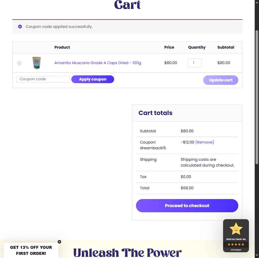 Dreamer Shrooms checkout page showing Dreamer Shrooms promo code box | Screenshot taken by SimplyCodes community member on Nov 13, 2025