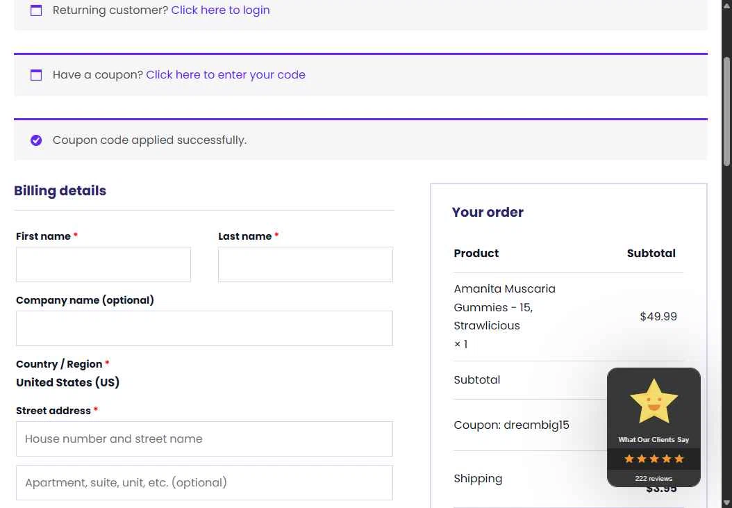 Dreamer Shrooms checkout page showing Dreamer Shrooms promo code box | Screenshot taken by SimplyCodes community member on Jan 10, 2026