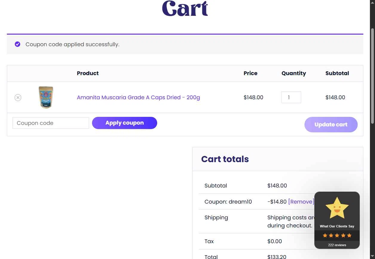 Dreamer Shrooms checkout page showing Dreamer Shrooms promo code box | Screenshot taken by SimplyCodes community member on Jan 2, 2026