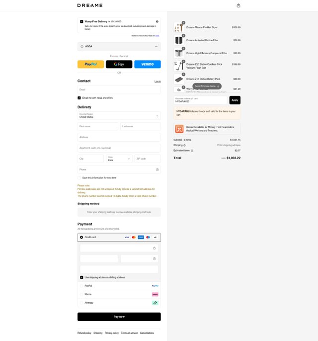 Dreame Tech US checkout page showing Dreame Tech US promo code box | Screenshot taken by SimplyCodes community member on Sep 1, 2025