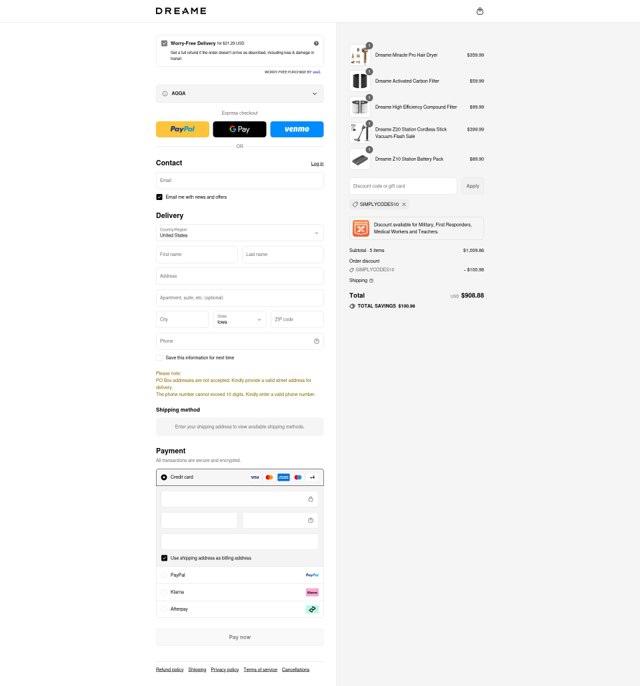 Dreame Tech US checkout page showing Dreame Tech US promo code box | Screenshot taken by SimplyCodes community member on Sep 1, 2025