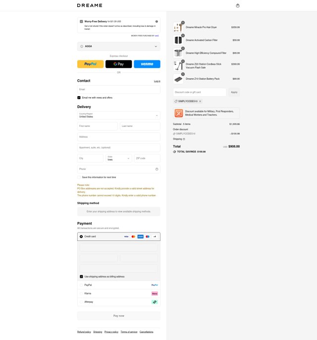 Dreame Tech US checkout page showing Dreame Tech US promo code box | Screenshot taken by SimplyCodes community member on Sep 6, 2025