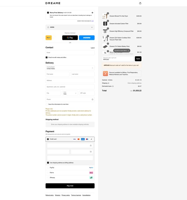 Dreame Tech US checkout page showing Dreame Tech US promo code box | Screenshot taken by SimplyCodes community member on Sep 6, 2025