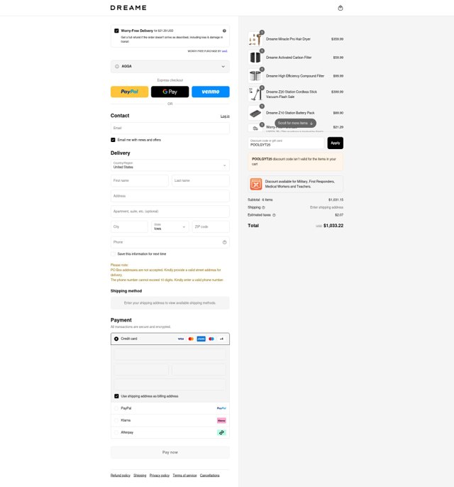 Dreame Tech US checkout page showing Dreame Tech US promo code box | Screenshot taken by SimplyCodes community member on Sep 1, 2025
