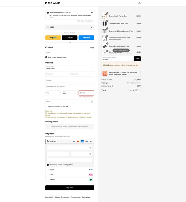 Dreame Tech US checkout page showing Dreame Tech US promo code box | Screenshot taken by SimplyCodes community member on Sep 1, 2025