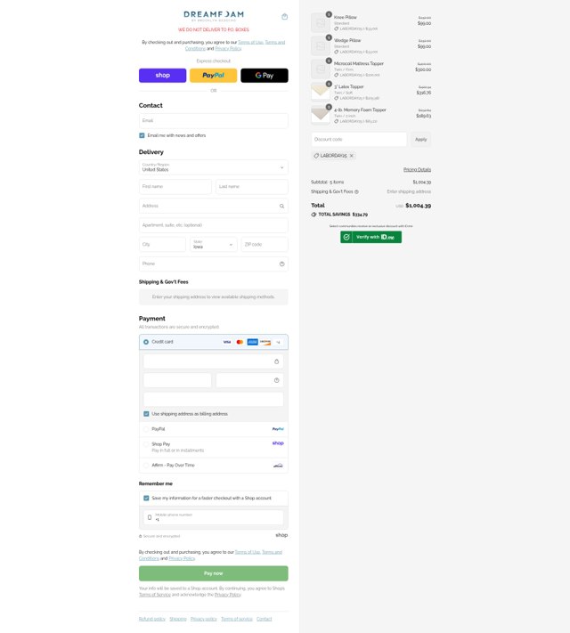 DreamFoam Bedding checkout page showing DreamFoam Bedding coupon code box | Screenshot taken by SimplyCodes community member on Sep 4, 2025