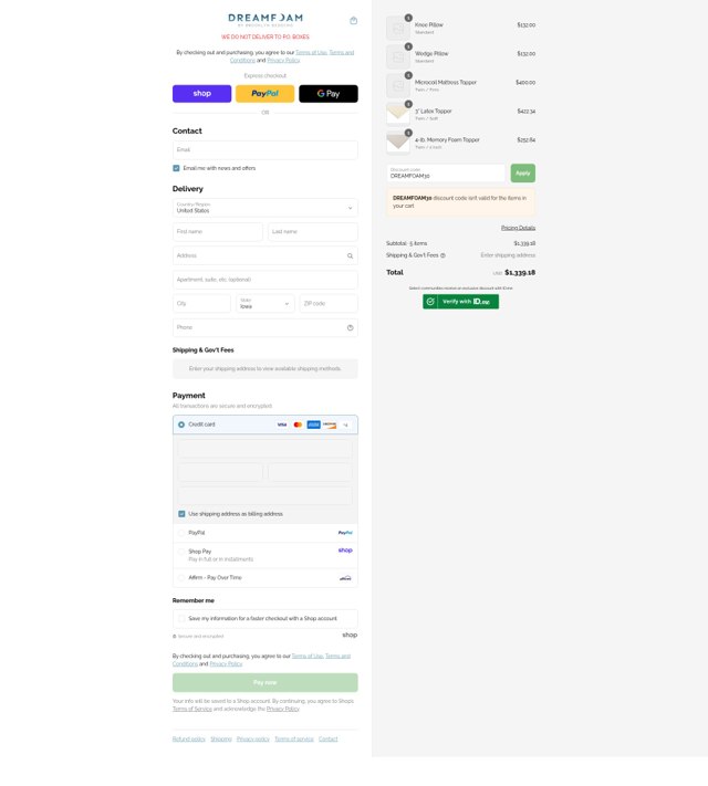DreamFoam Bedding checkout page showing DreamFoam Bedding coupon code box | Screenshot taken by SimplyCodes community member on Sep 4, 2025