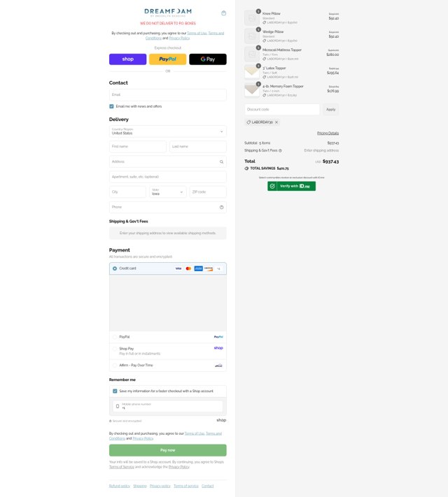 DreamFoam Bedding checkout page showing DreamFoam Bedding coupon code box | Screenshot taken by SimplyCodes community member on Aug 31, 2025