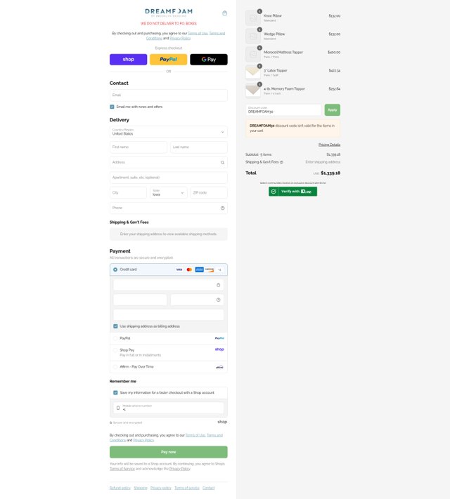 DreamFoam Bedding checkout page showing DreamFoam Bedding coupon code box | Screenshot taken by SimplyCodes community member on Aug 31, 2025