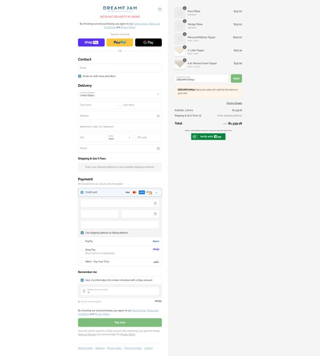 DreamFoam Bedding checkout page showing DreamFoam Bedding coupon code box | Screenshot taken by SimplyCodes community member on Aug 27, 2025