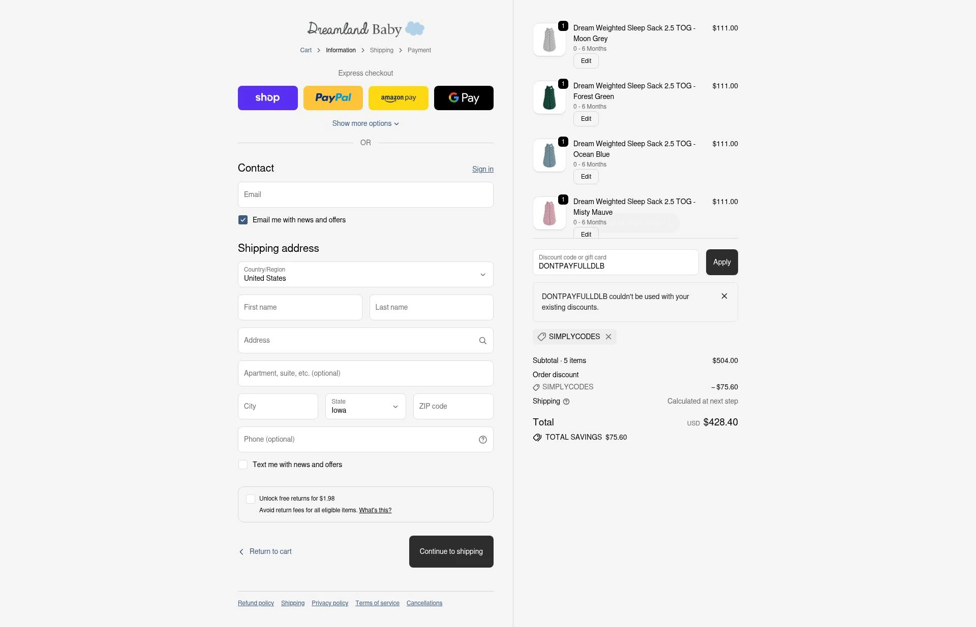 Dreamland Baby checkout page showing Dreamland Baby discount code box | Screenshot taken by SimplyCodes community member on Oct 17, 2025