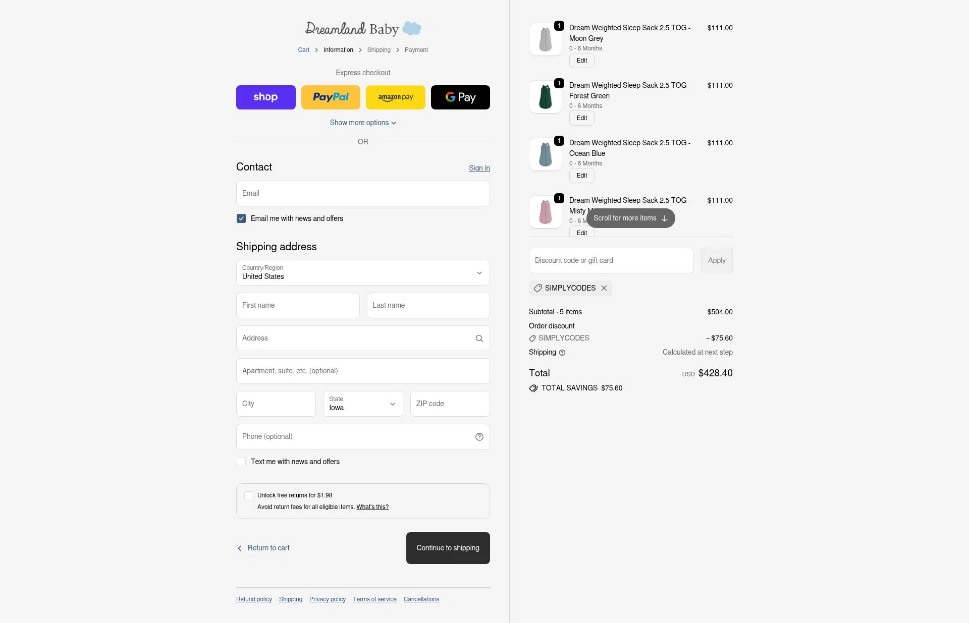 Dreamland Baby checkout page showing Dreamland Baby discount code box | Screenshot taken by SimplyCodes community member on Oct 9, 2025