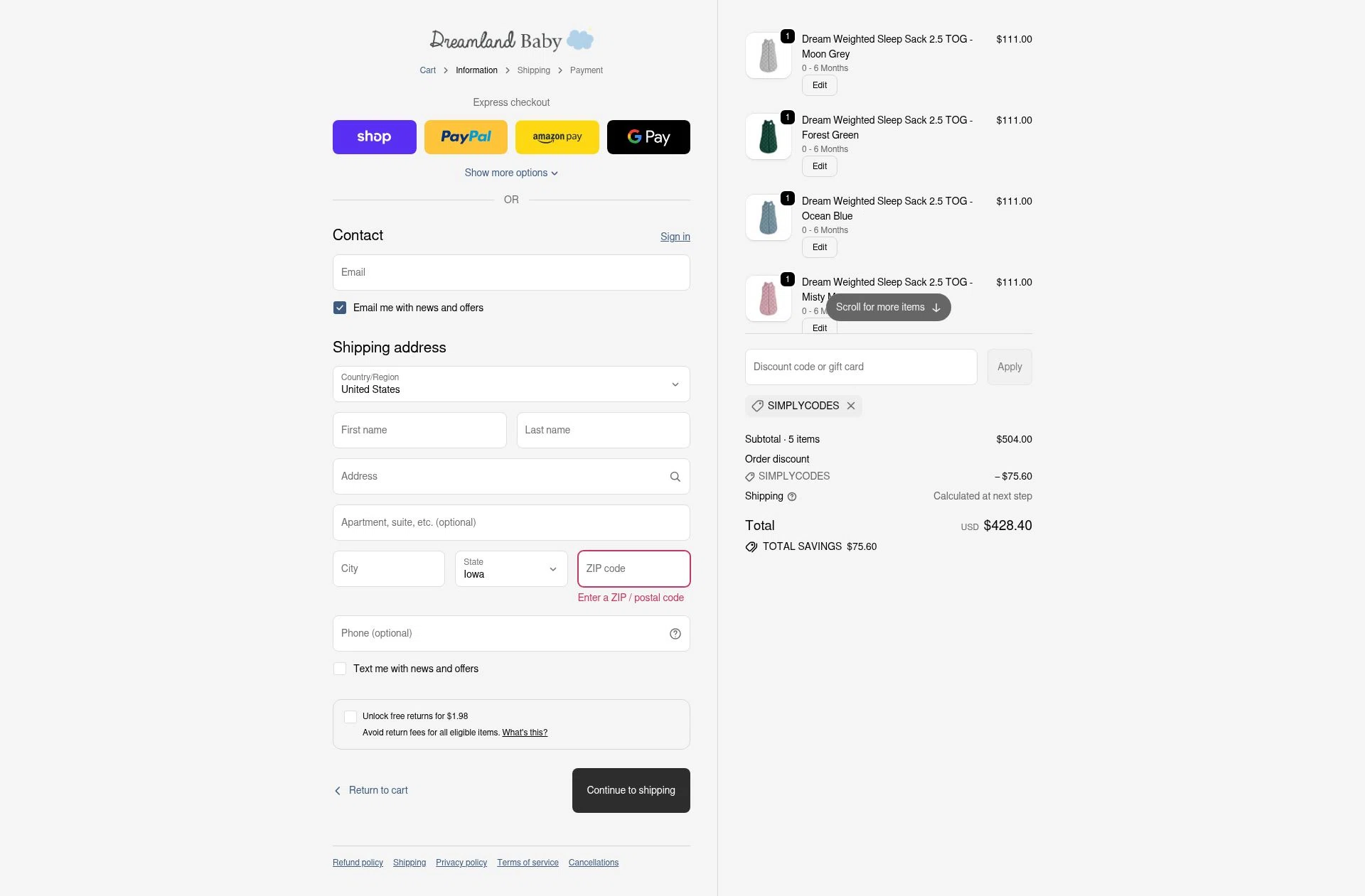 Dreamland Baby checkout page showing Dreamland Baby discount code box | Screenshot taken by SimplyCodes community member on Oct 31, 2025