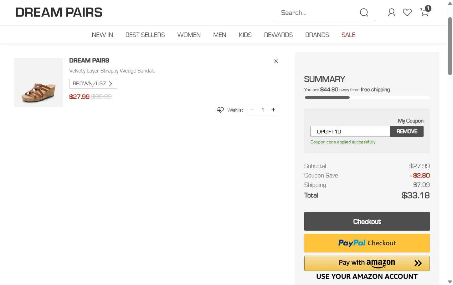 Dream Pairs Shoes checkout page showing Dream Pairs Shoes promo code box | Screenshot taken by SimplyCodes community member on Jul 11, 2025