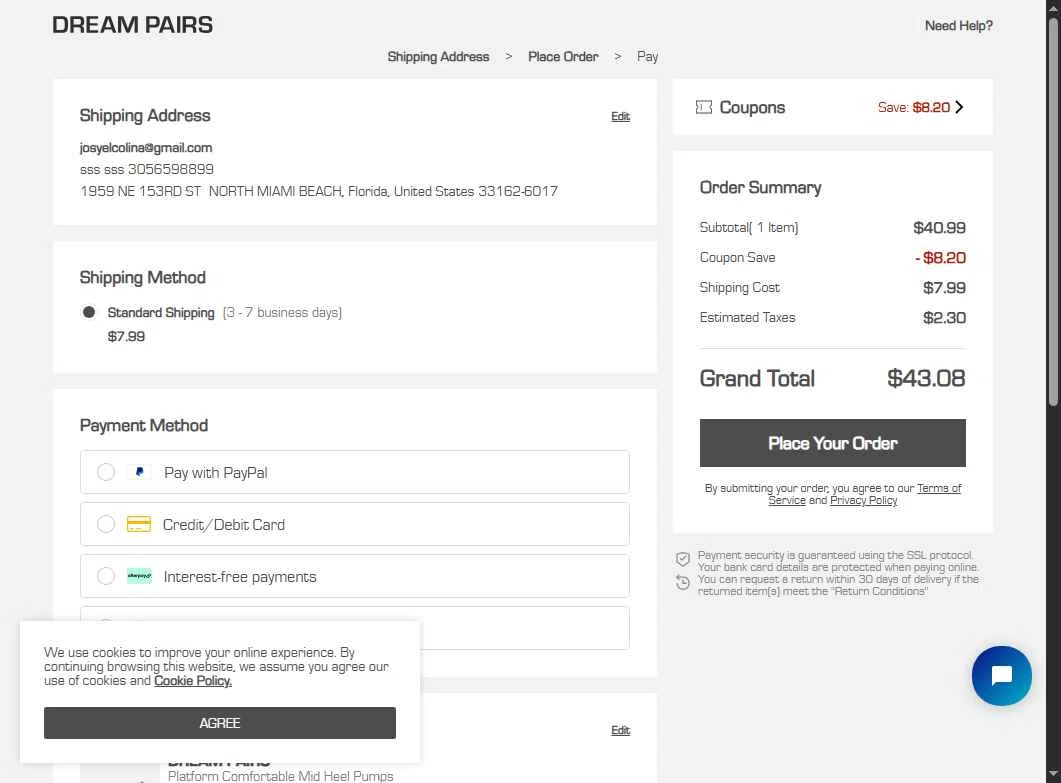 Dream Pairs Shoes checkout page showing Dream Pairs Shoes promo code box | Screenshot taken by SimplyCodes community member on Jul 3, 2025