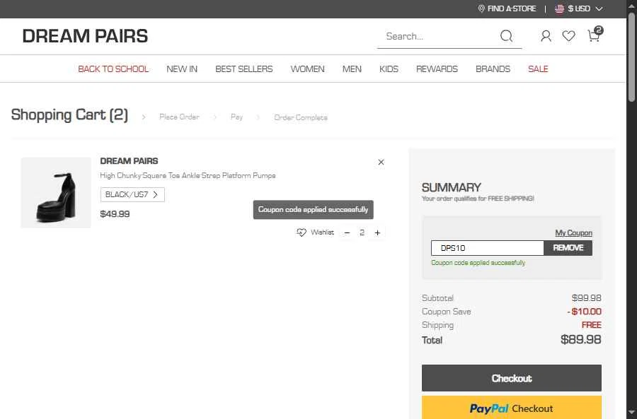 Dream Pairs Shoes checkout page showing Dream Pairs Shoes promo code box | Screenshot taken by SimplyCodes community member on Jul 30, 2025