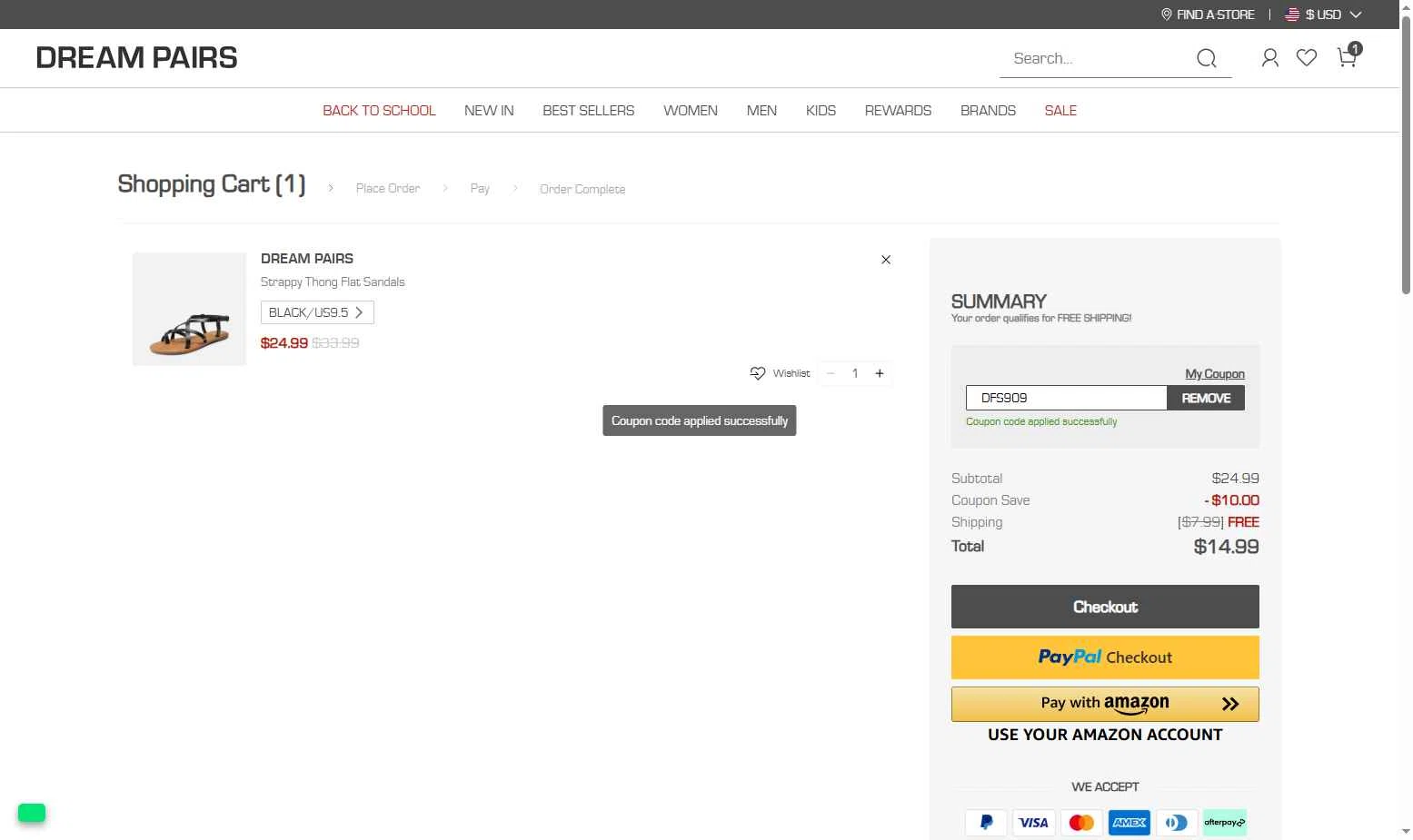 Dream Pairs Shoes checkout page showing Dream Pairs Shoes promo code box | Screenshot taken by SimplyCodes community member on Aug 15, 2025