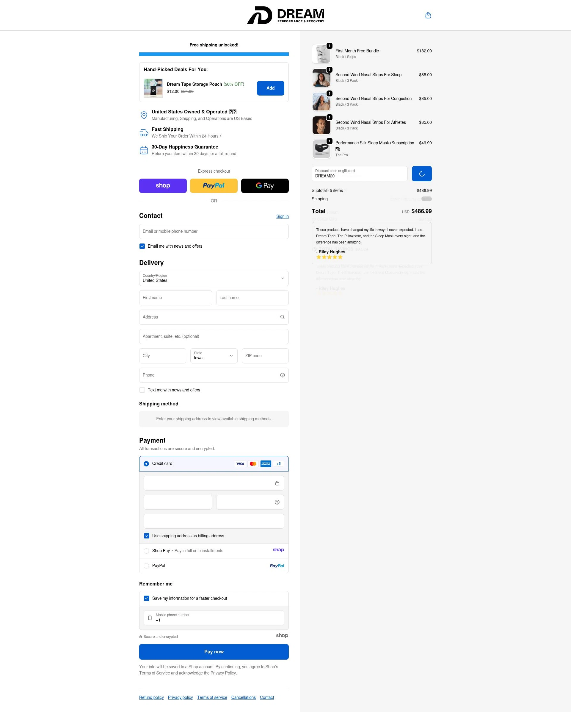 Dream Recovery checkout page showing Dream Recovery discount code box | Screenshot taken by SimplyCodes community member on Jan 8, 2026