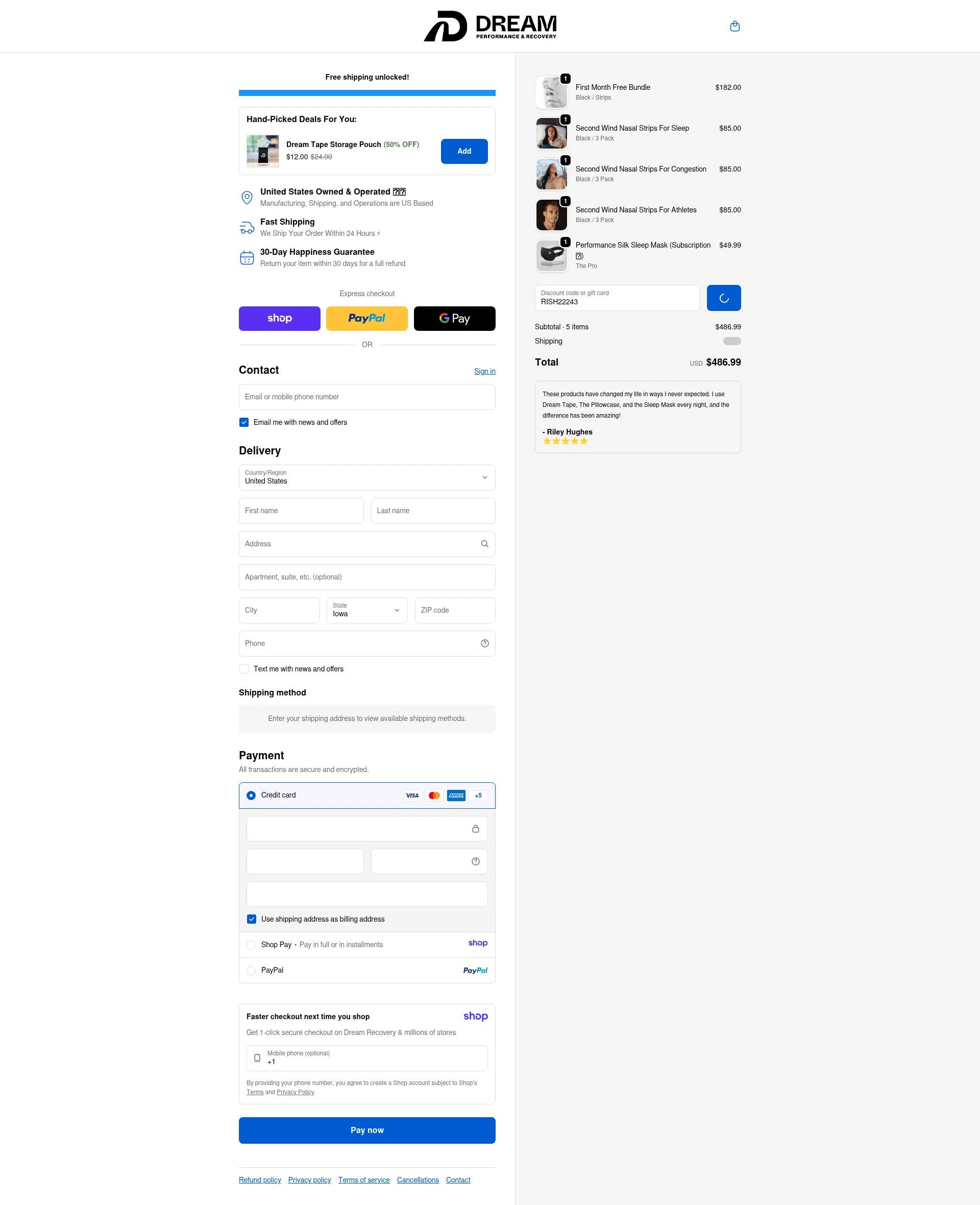 Dream Recovery checkout page showing Dream Recovery discount code box | Screenshot taken by SimplyCodes community member on Jan 8, 2026