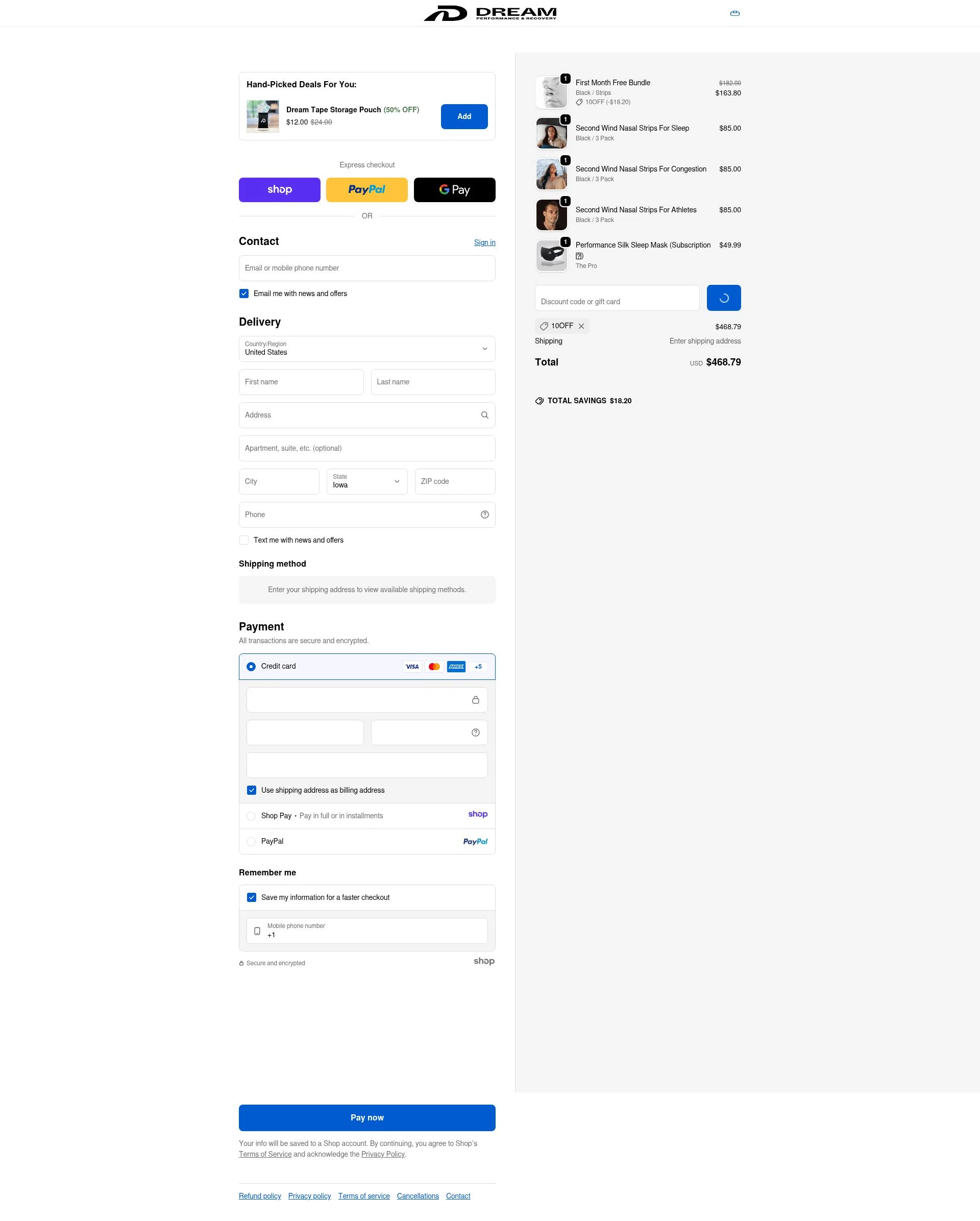 Dream Recovery checkout page showing Dream Recovery discount code box | Screenshot taken by SimplyCodes community member on Jan 8, 2026