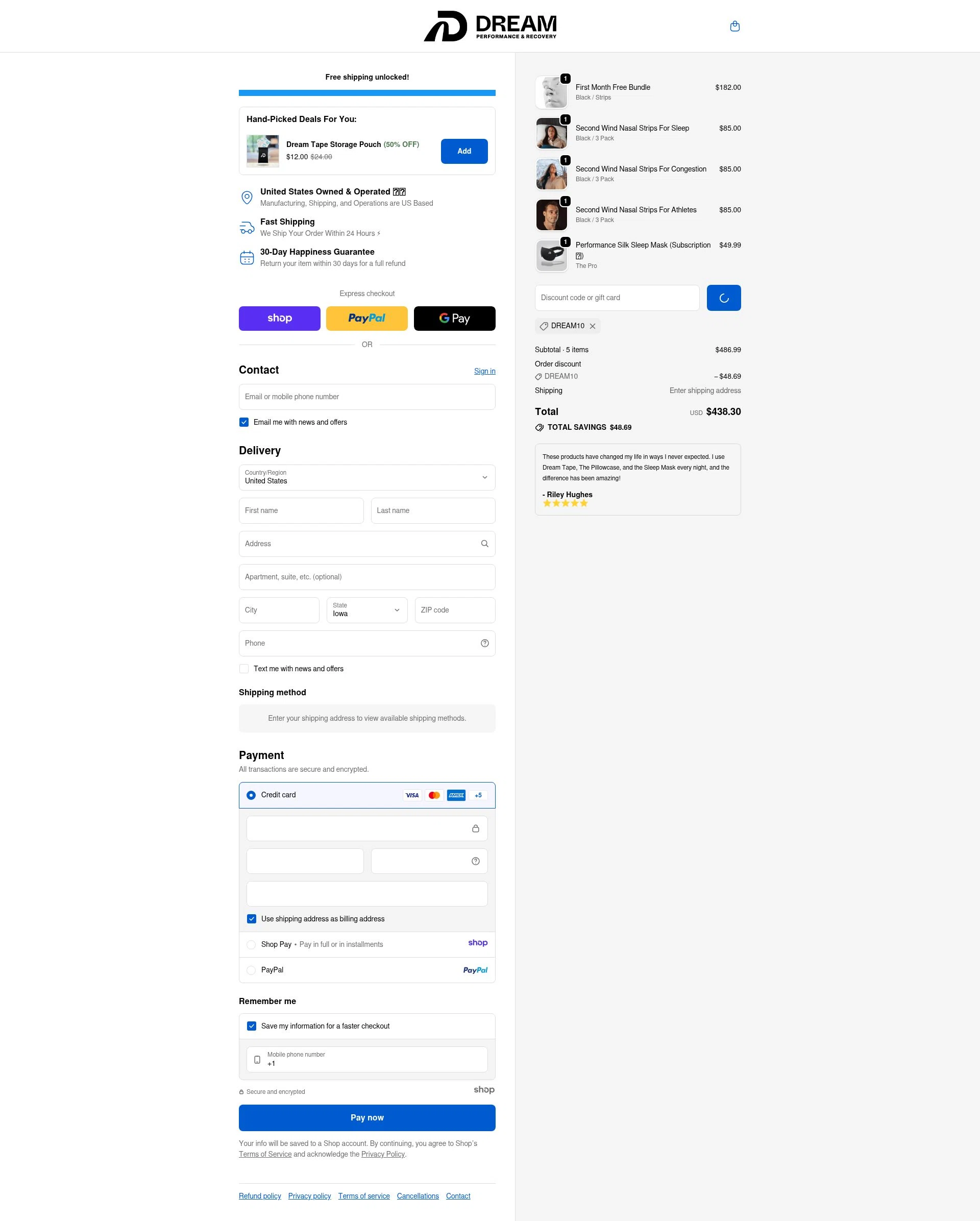 Dream Recovery checkout page showing Dream Recovery discount code box | Screenshot taken by SimplyCodes community member on Jan 8, 2026