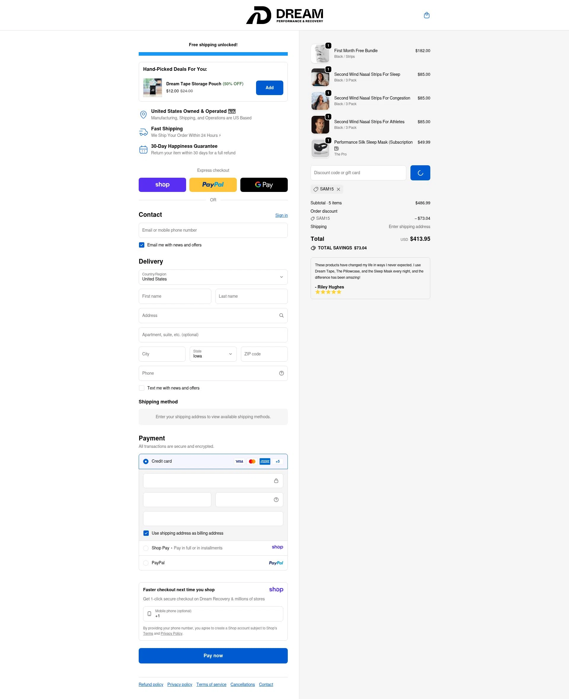 Dream Recovery checkout page showing Dream Recovery discount code box | Screenshot taken by SimplyCodes community member on Jan 8, 2026