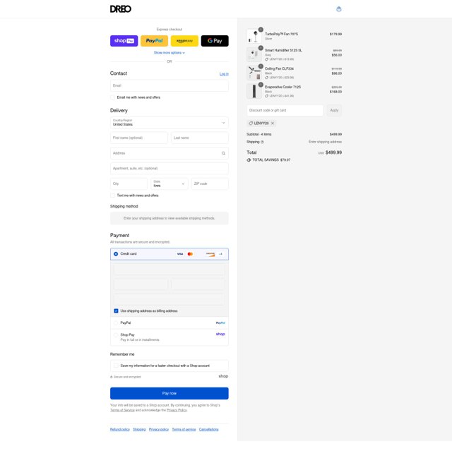 Dreo checkout page showing Dreo discount code box | Screenshot taken by SimplyCodes community member on Aug 28, 2025