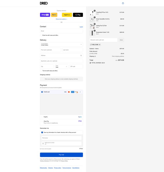 Dreo checkout page showing Dreo discount code box | Screenshot taken by SimplyCodes community member on Aug 28, 2025