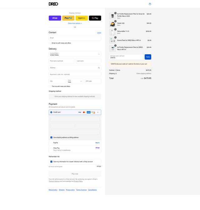 Dreo checkout page showing Dreo discount code box | Screenshot taken by SimplyCodes community member on Sep 1, 2025