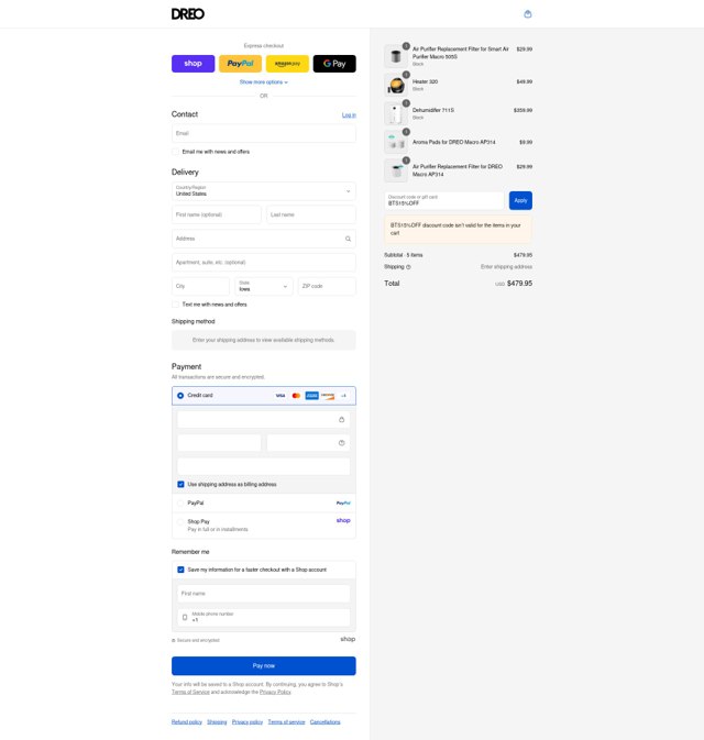 Dreo checkout page showing Dreo discount code box | Screenshot taken by SimplyCodes community member on Sep 6, 2025