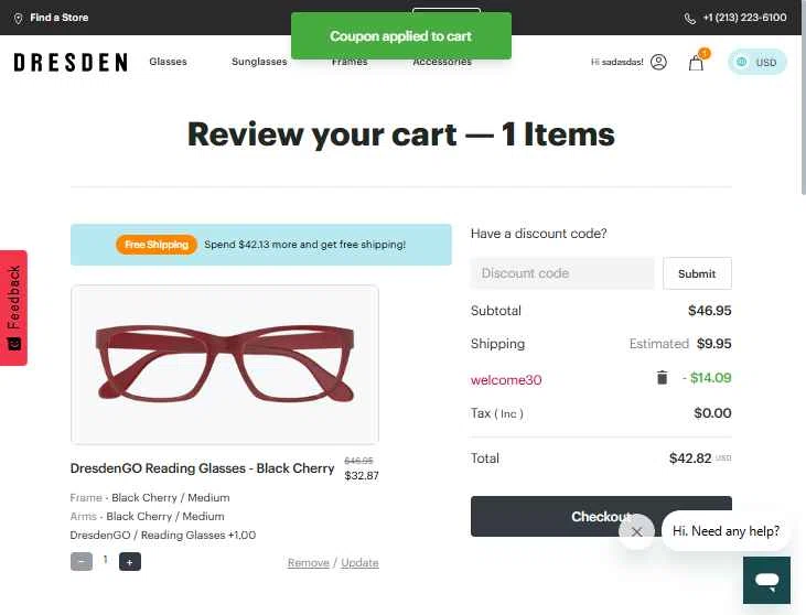 Dresden Vision checkout page showing Dresden Vision promo code box | Screenshot taken by SimplyCodes community member on Jun 16, 2025
