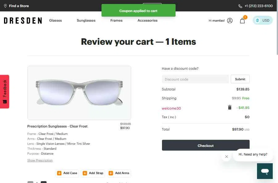 Dresden Vision checkout page showing Dresden Vision promo code box | Screenshot taken by SimplyCodes community member on Jul 15, 2025