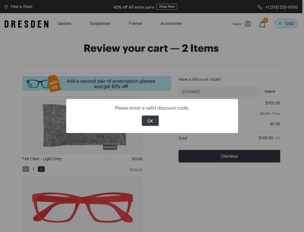Dresden Vision checkout page showing Dresden Vision promo code box | Screenshot taken by SimplyCodes community member on Jun 12, 2025