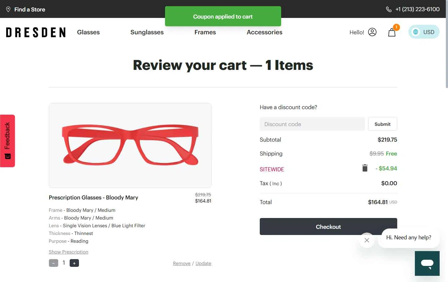 Dresden Vision checkout page showing Dresden Vision promo code box | Screenshot taken by SimplyCodes community member on May 14, 2025
