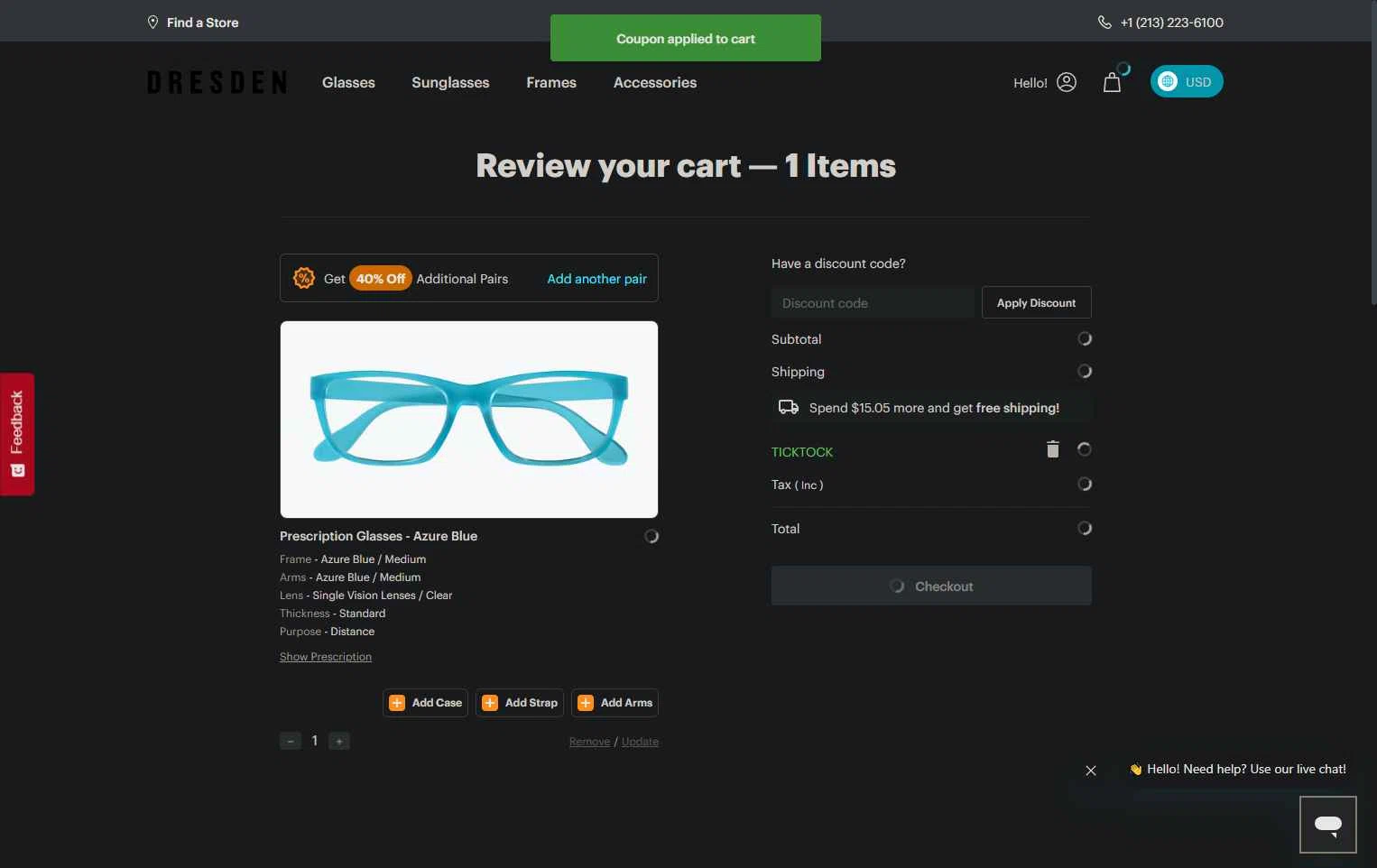 Dresden Vision checkout page showing Dresden Vision promo code box | Screenshot taken by SimplyCodes community member on Nov 10, 2025