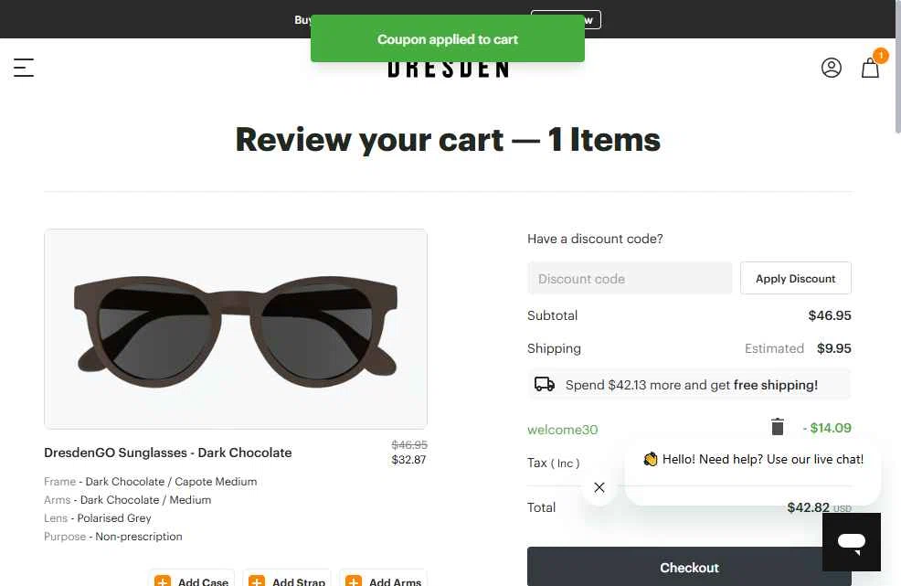 Dresden Vision checkout page showing Dresden Vision promo code box | Screenshot taken by SimplyCodes community member on Dec 27, 2025