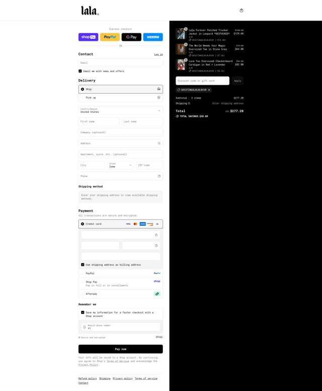 Dressed In Lala checkout page showing Dressed In Lala discount code box | Screenshot taken by SimplyCodes community member on Aug 22, 2025