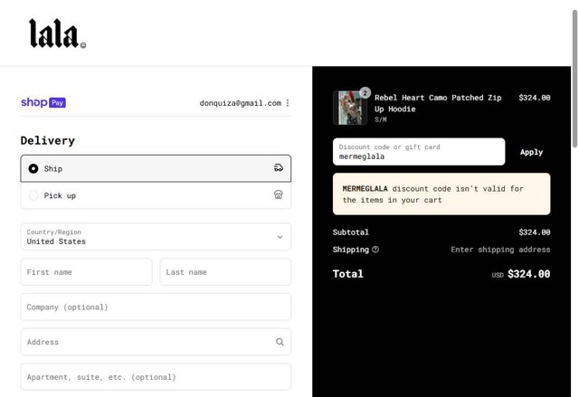 Dressed In Lala checkout page showing Dressed In Lala discount code box | Screenshot taken by SimplyCodes community member on Aug 24, 2025