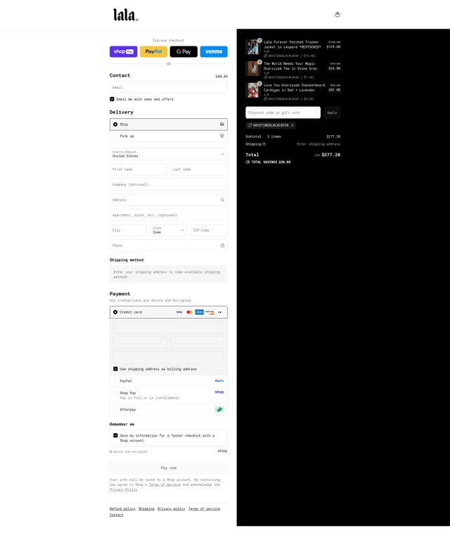 Dressed In Lala checkout page showing Dressed In Lala discount code box | Screenshot taken by SimplyCodes community member on Aug 25, 2025