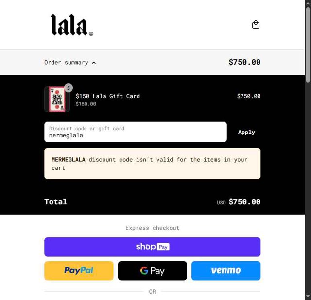 Dressed In Lala checkout page showing Dressed In Lala discount code box | Screenshot taken by SimplyCodes community member on Aug 21, 2025
