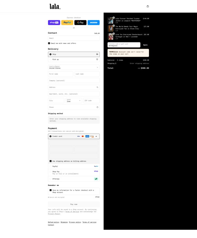 Dressed In Lala checkout page showing Dressed In Lala discount code box | Screenshot taken by SimplyCodes community member on Aug 22, 2025