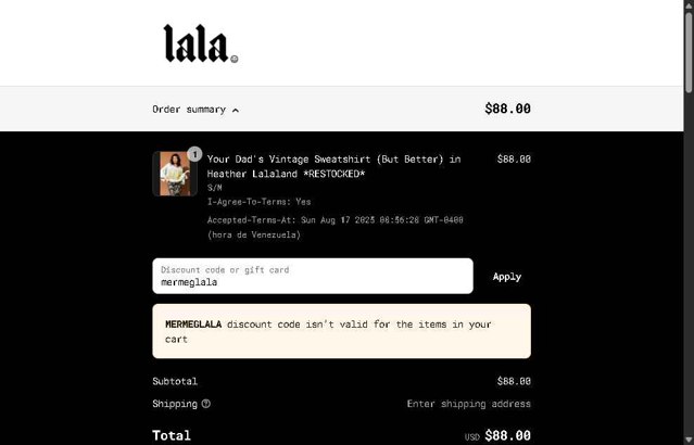 Dressed In Lala checkout page showing Dressed In Lala discount code box | Screenshot taken by SimplyCodes community member on Aug 17, 2025
