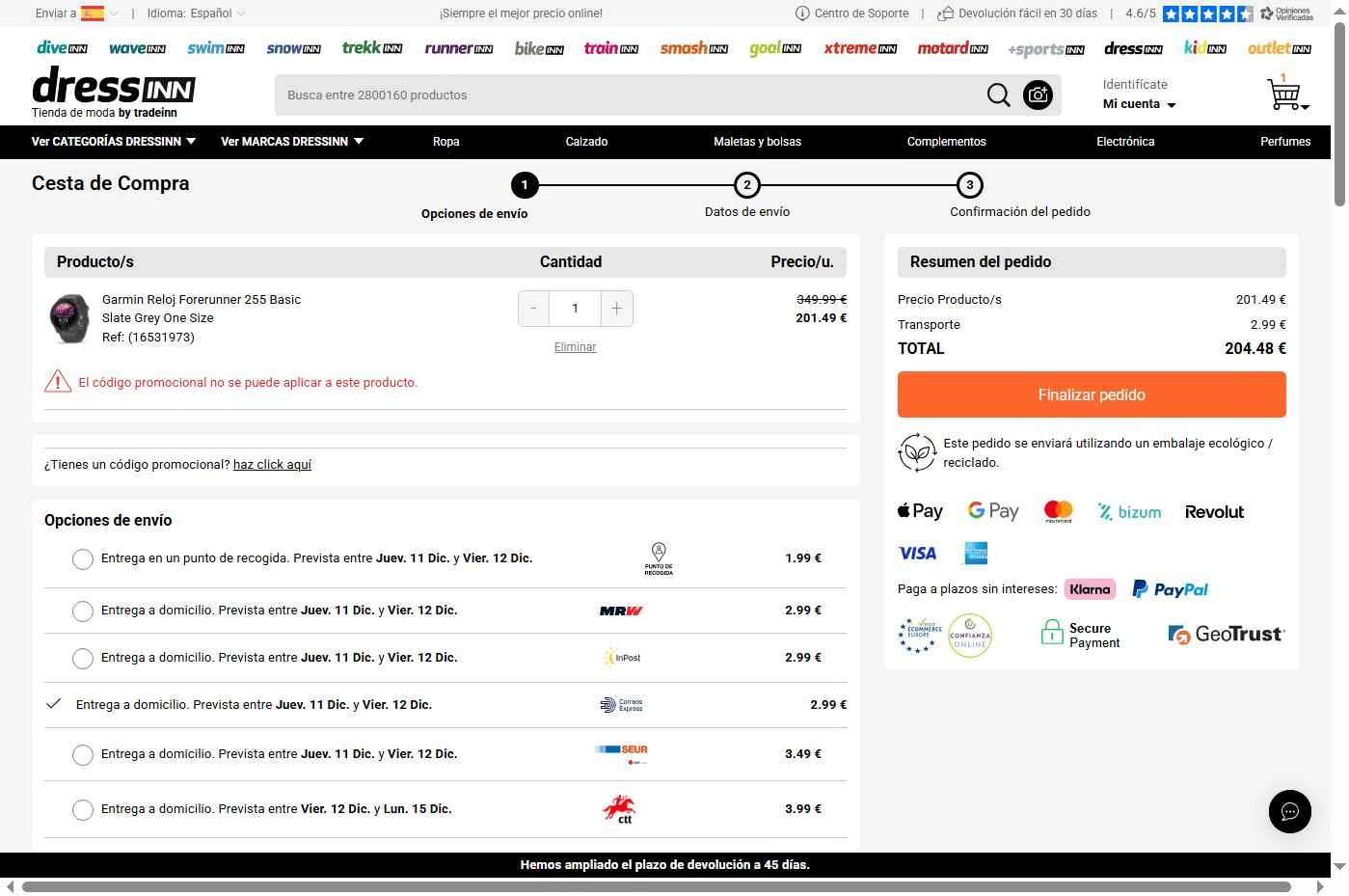 Dressinn checkout page showing Dressinn promo code box | Screenshot taken by SimplyCodes community member on Dec 10, 2025