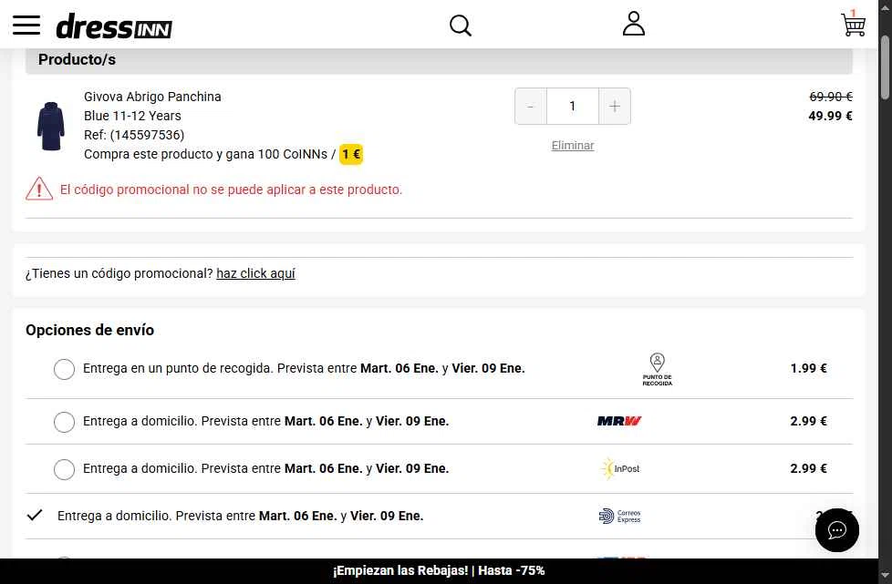 Dressinn checkout page showing Dressinn promo code box | Screenshot taken by SimplyCodes community member on Dec 27, 2025