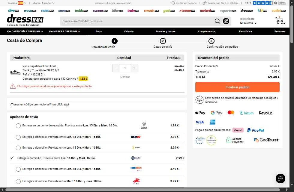 Dressinn checkout page showing Dressinn promo code box | Screenshot taken by SimplyCodes community member on Dec 12, 2025